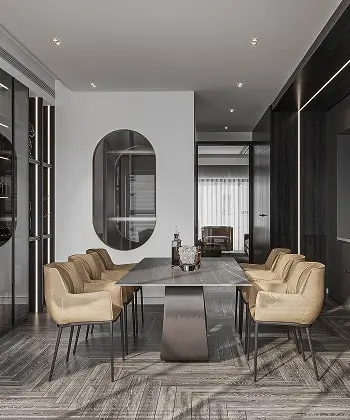 Luxurious modern living room with dark walls and gold lighting